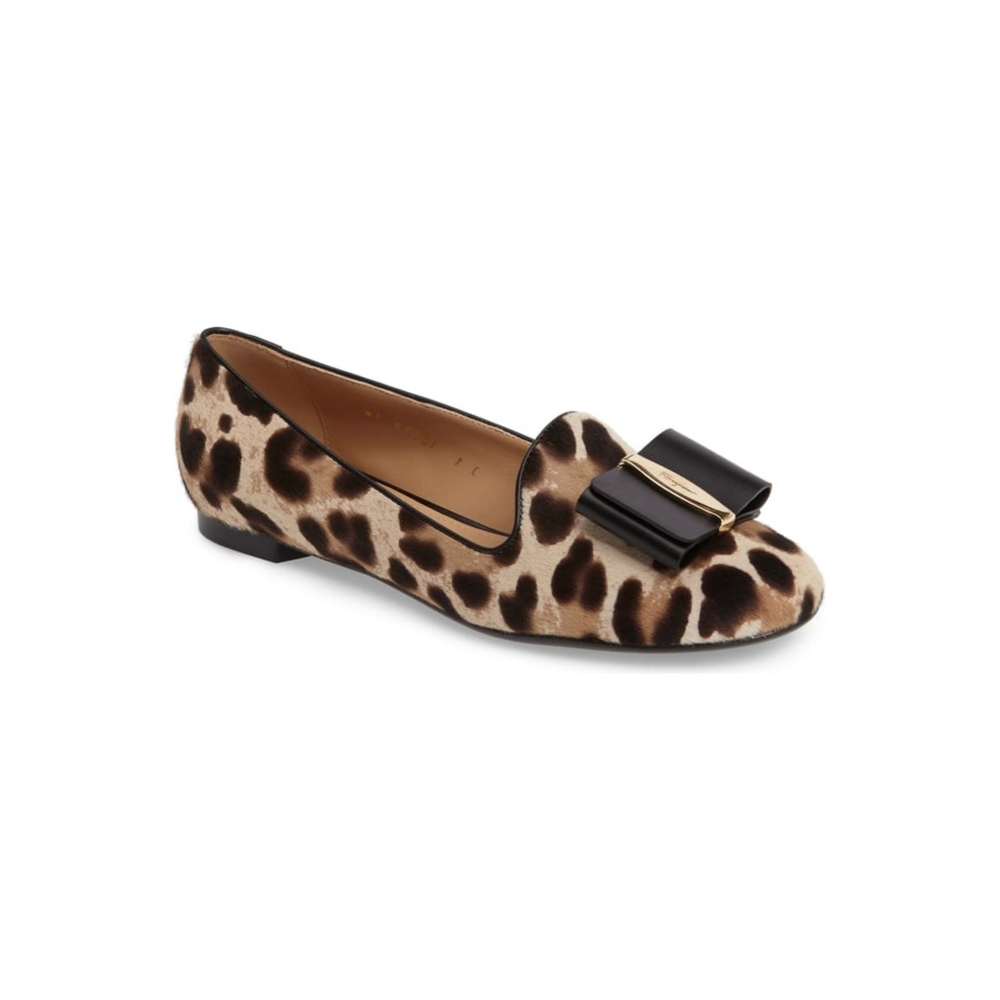 Salvatore Ferragamo Leopard Print Vara Bow Flats in Brown and Black